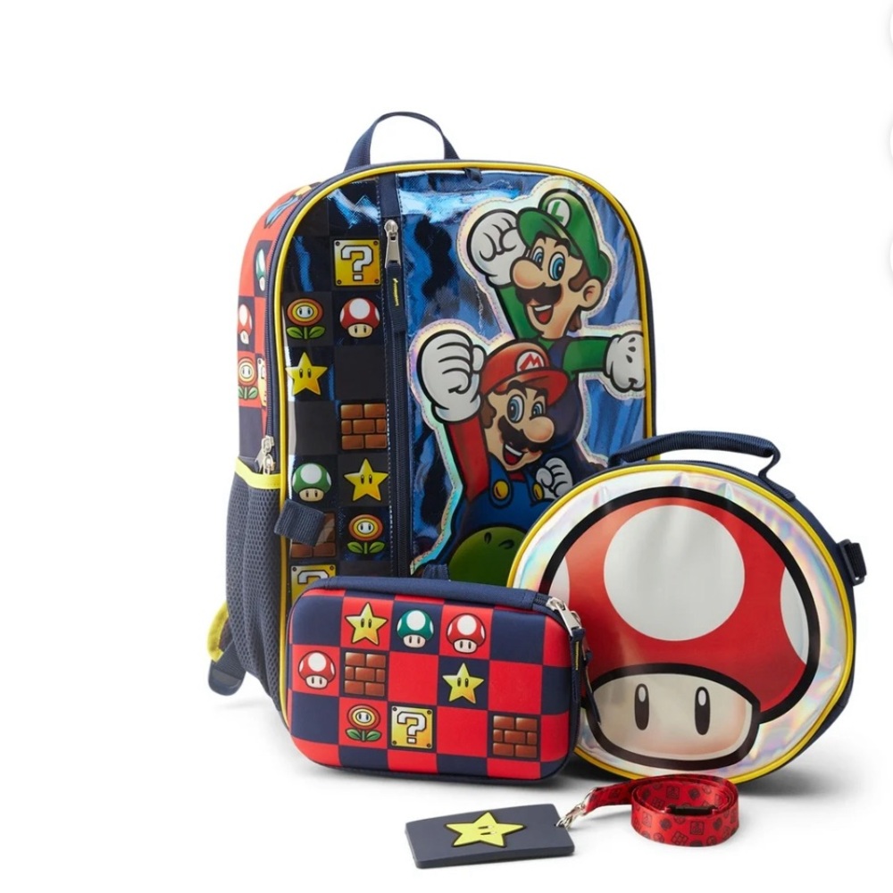 NWT ✨ 🍄 ⭐️ “HERE WE GO!” 4 pc Super Mario Metallic Backpack Set 🎒